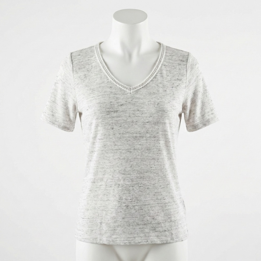 Cynthia Rowley 100% Linen Heather Grey V Neck Tee Braided Trim Medium